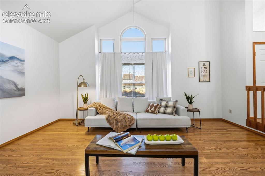 Image 9 of 49: Vaulted ceiling featuring a prominent arched window, wood-finish flooring,