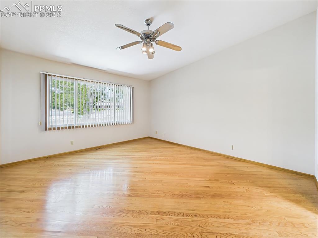 Image 23 of 50: Gleaming wood floors, a large window and ceiling fan!