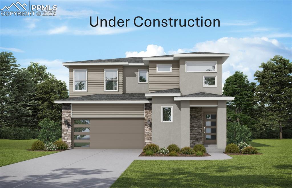 Caption: Prairie-style house featuring stone siding, a front lawn, a shingled roof, concrete driveway, and st