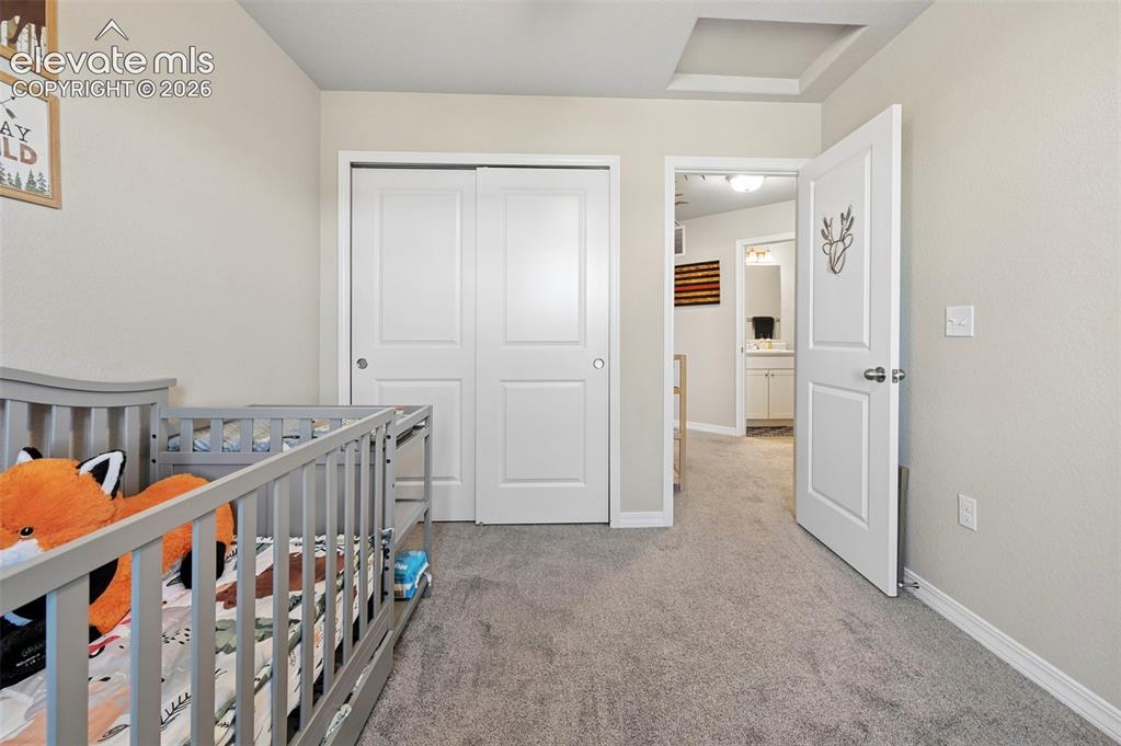 Image 9 of 30: Carpeted room featuring a white two-panel closet door, a white two-panel in