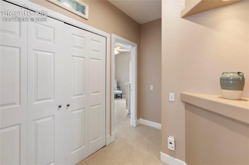 Image 20 of 38: White bi-fold doors, neutral wall tones, and built-in shelving