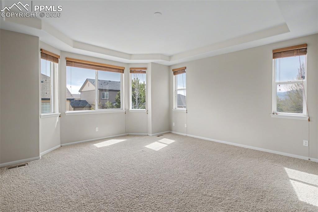 Image 20 of 40: Carpeted empty room featuring a raised ceiling and baseboards