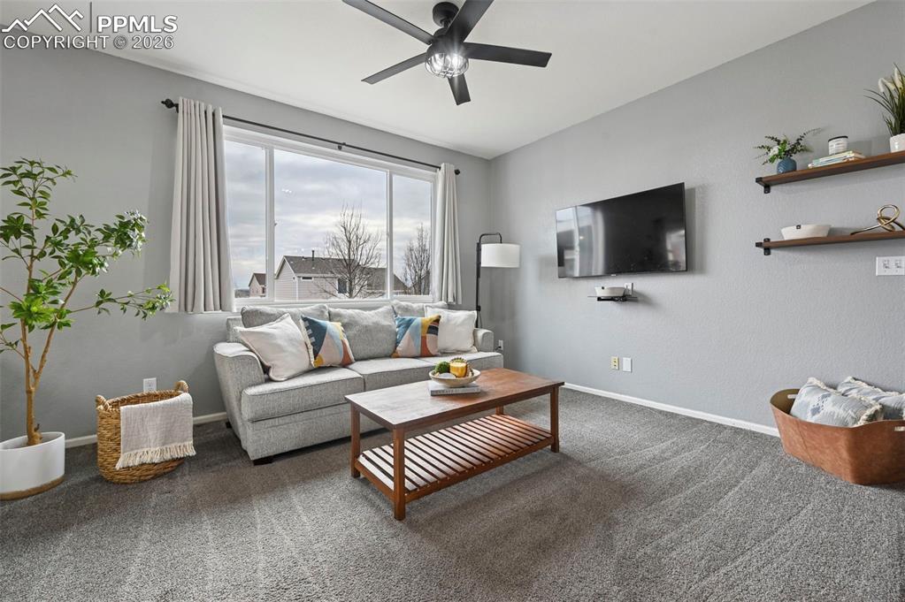 Image 5 of 49: Family room, large picture window, double-sided fireplace, carpet, adjoins 
