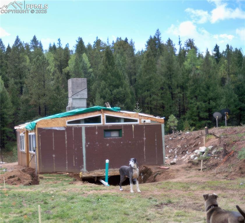 Image 42 of 47: Rear view of property with a view of trees, a chimney, and an outdoor struc