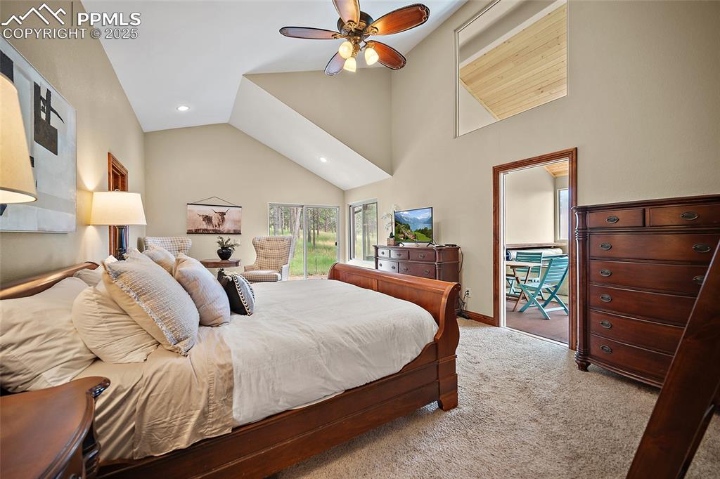Image 18 of 47: Bedroom with carpet, access to exterior, high vaulted ceiling, recessed lig
