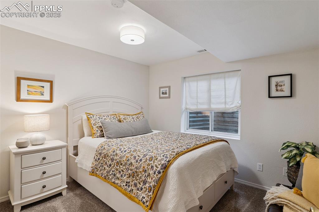Image 29 of 40: Basement bedroom with dark carpet