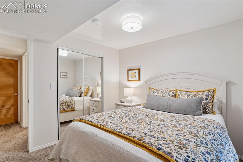 Image 30 of 40: Basement bedroom with dark carpet
