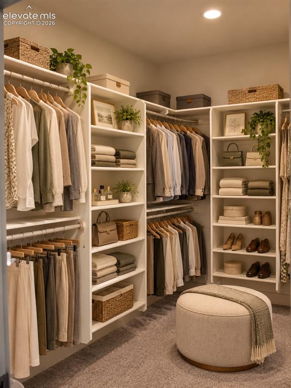 Image 30 of 44: Custom closet system with integrated shelving, multiple hanging rods, and r
