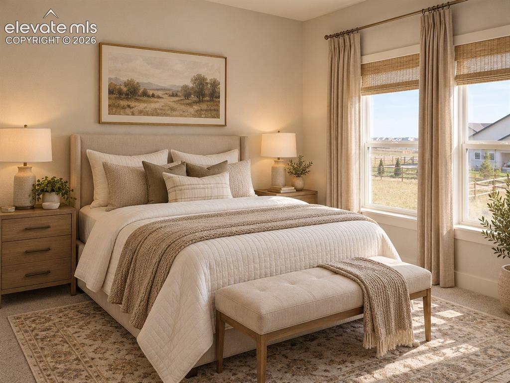 Image 34 of 44: Carpeted flooring, expansive windows, an upholstered headboard, and dual bu
