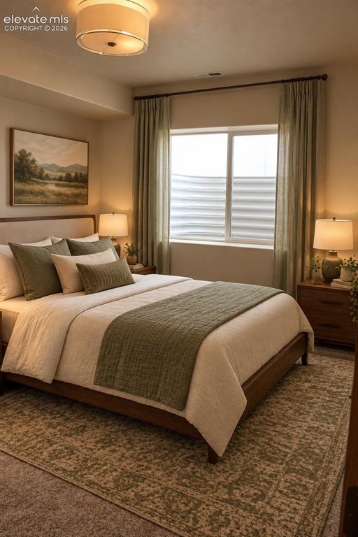 Image 41 of 44: Recessed lighting, window with blinds and drapes, carpeted flooring, and a 