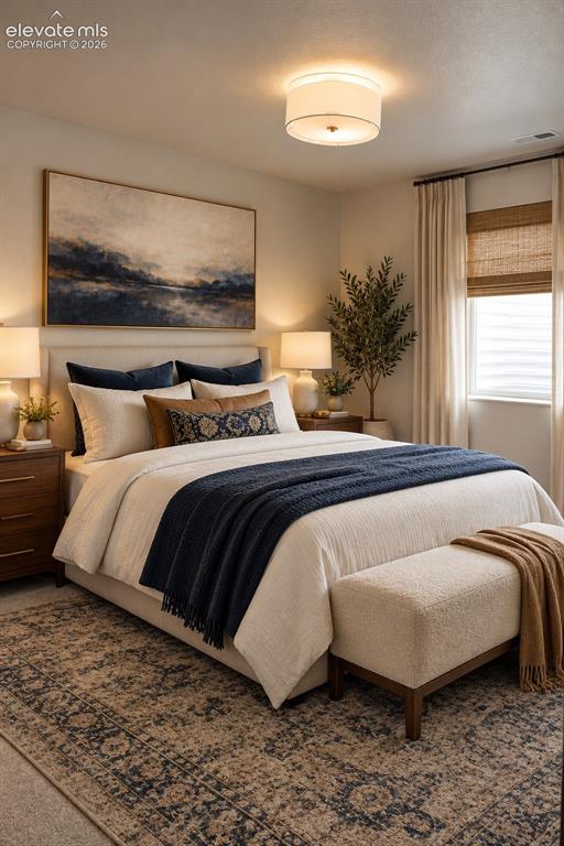 Image 42 of 44: Recessed ceiling lighting, wood-finish nightstands, soft-close roller shade