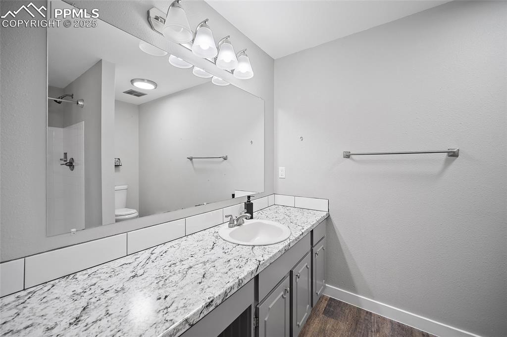 Image 22 of 34: Full bath with a shower stall, vanity, dark wood finished floors, and a tex