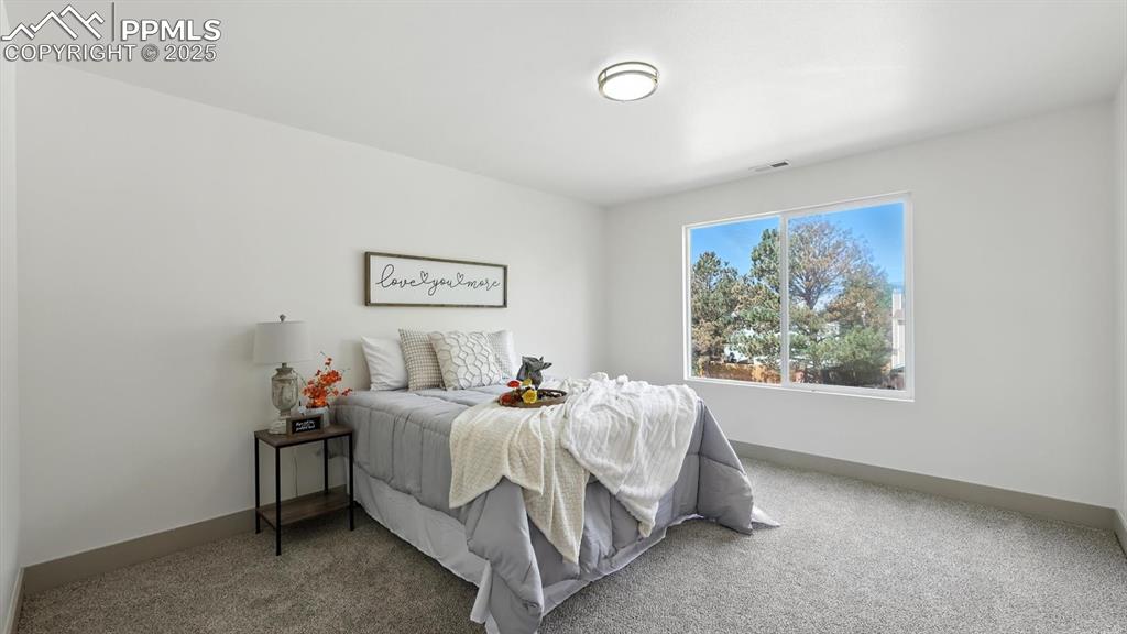 Image 32 of 50: The upper level primary suite is a private retreat with new carpet and a vi