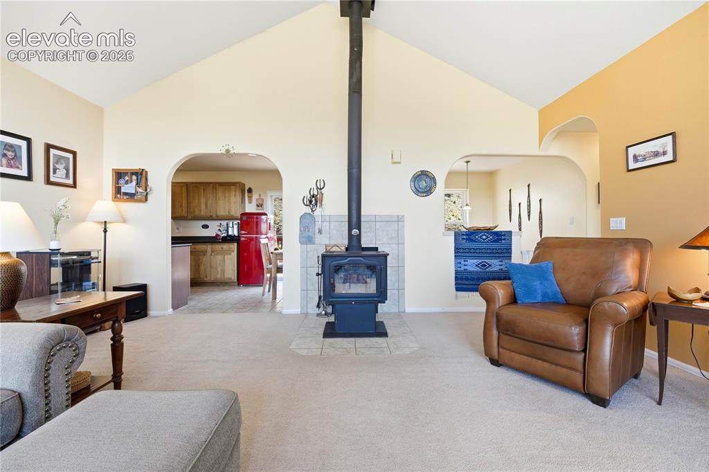 Image 23 of 49: Vaulted ceiling, wood-burning stove with a tiled hearth, arched doorways, a
