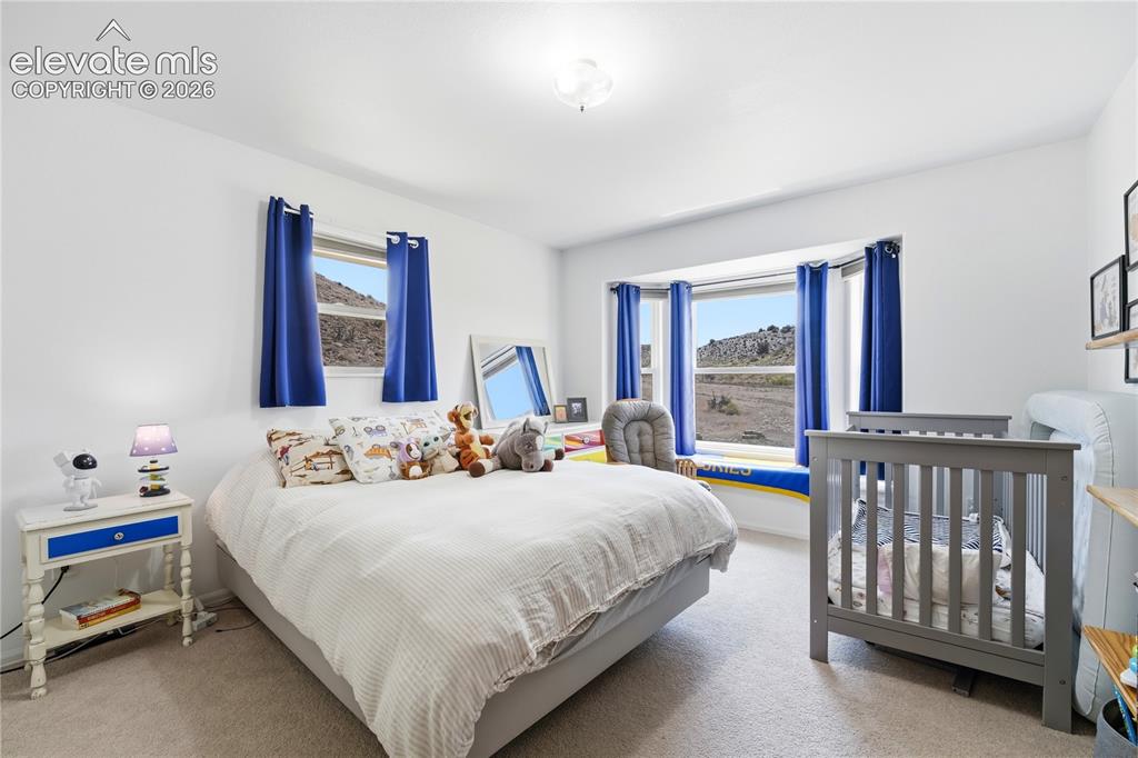 Image 44 of 49: Recessed lighting, wall-to-wall carpeting, and a large bay window