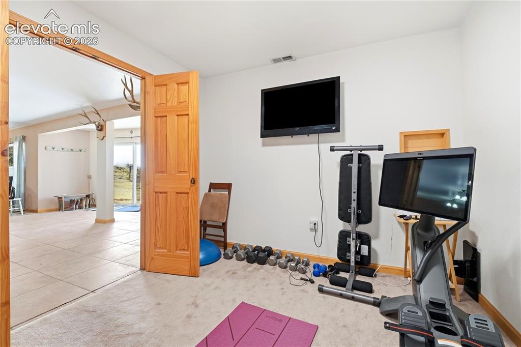 Image 46 of 49: Carpeted flooring, wood-paneled door, and recessed lighting