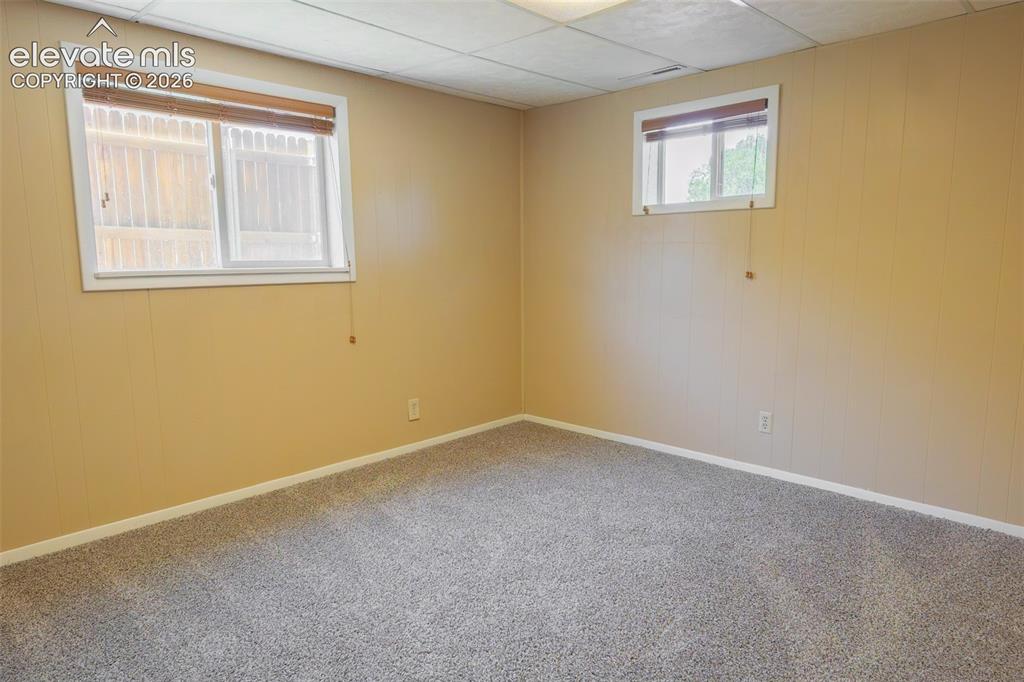 Image 31 of 38: Room featuring textured panel walls and light grey carpet flooring