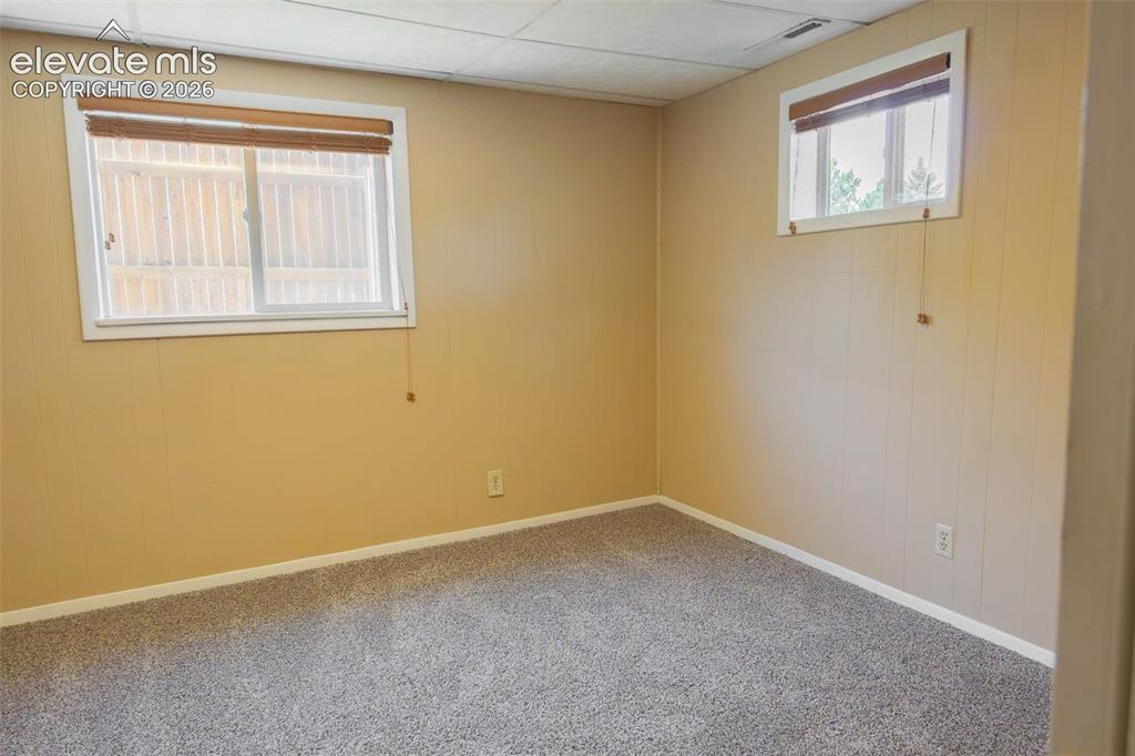 Image 32 of 38: Carpeted room featuring two windows with blinds, wall paneling, and a drop 