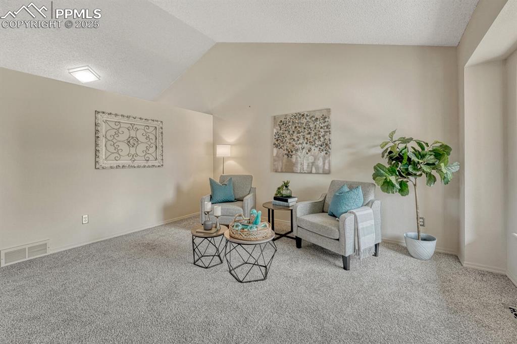 Image 5 of 40: Vaulted Living Room with new carpet.