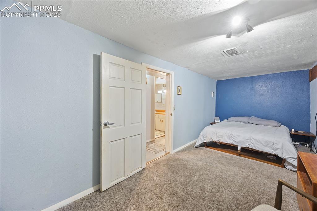 Image 28 of 36: Carpeted bedroom with a textured ceiling, a textured wall, connected bathro