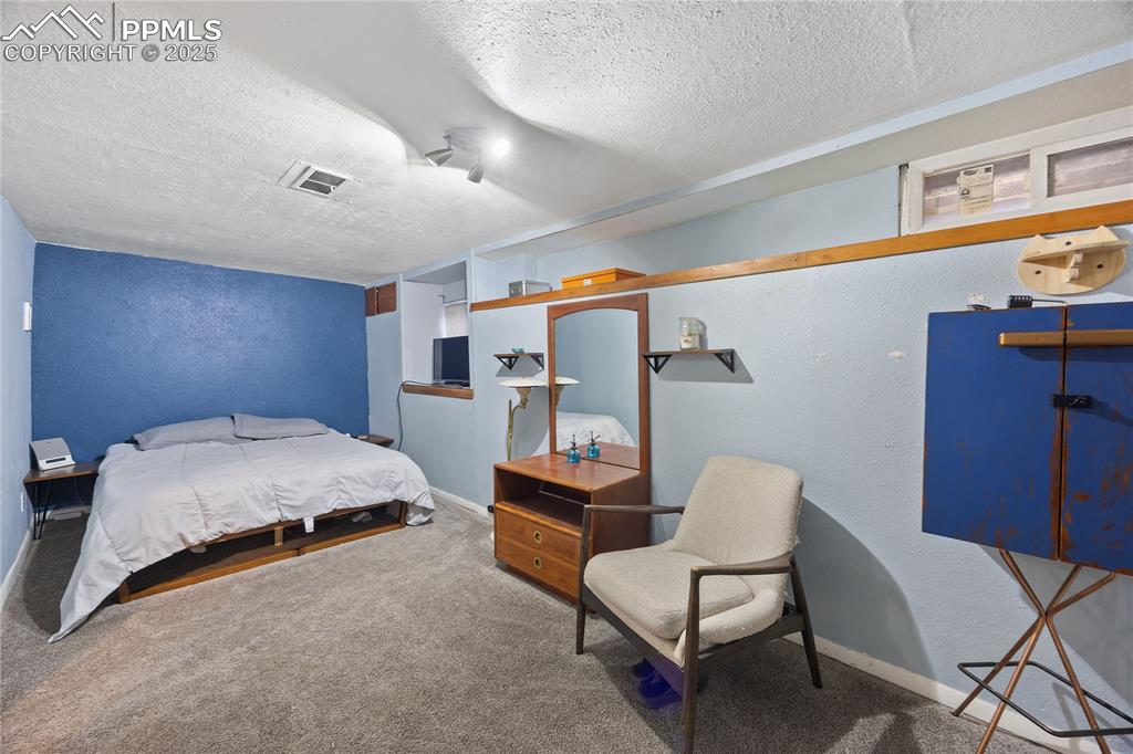 Image 29 of 36: Carpeted bedroom with visible vents, a textured wall, a textured ceiling, a