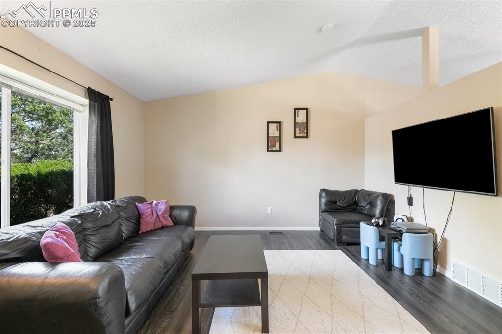 Image 5 of 41: Bright living room with vaulted ceilings