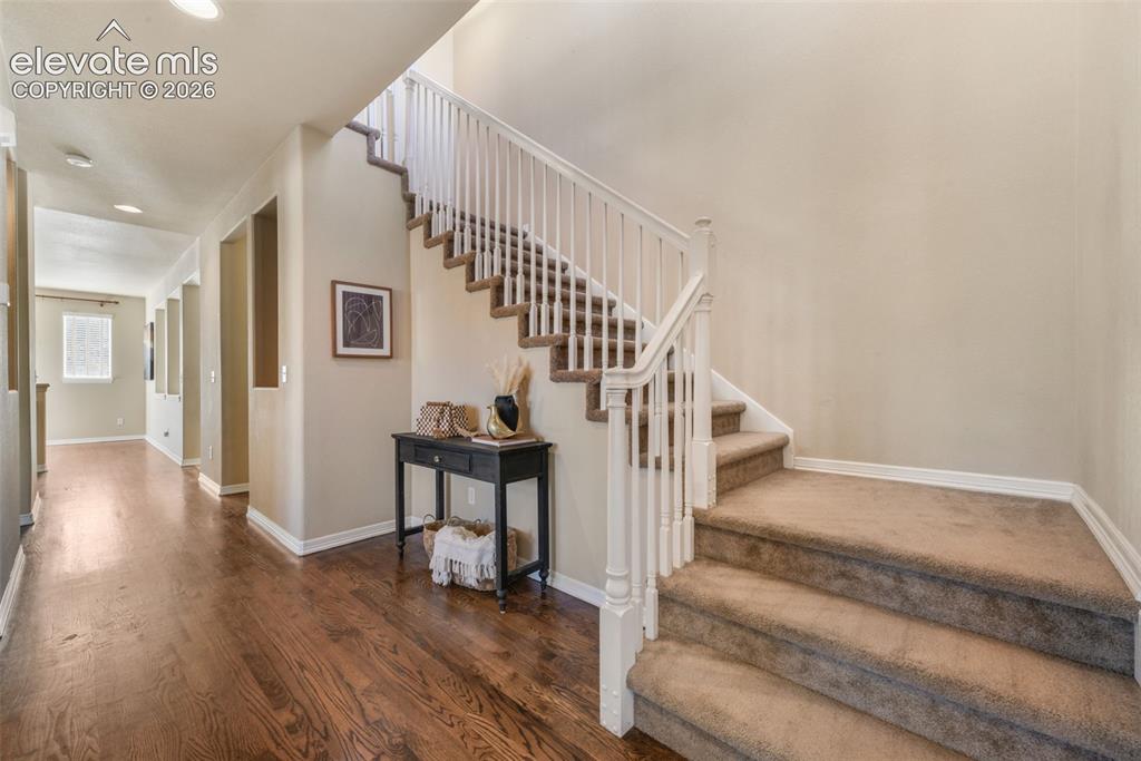 Image 3 of 50: Staircase with white balusters and carpeted treads, wood-finish flooring, r