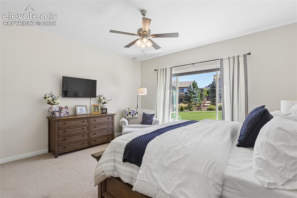 Image 21 of 50: Ceiling fan, wall-mounted television, sliding glass door, and carpeted floo