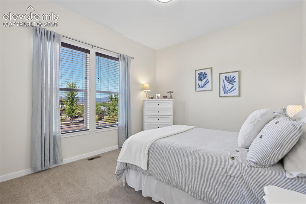 Image 27 of 50: Neutral wall tones, dual windows, and carpeted flooring