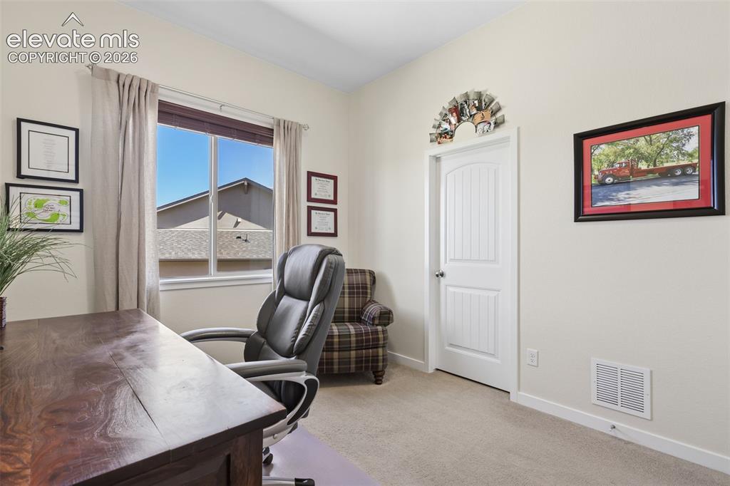 Image 30 of 50: Bright room with carpet flooring, a paneled door, and a large window