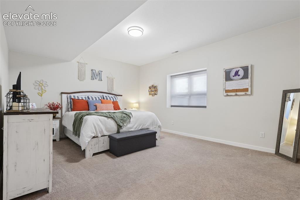 Image 37 of 50: Plush carpet flooring, neutral wall color, window with roller shade, and ce