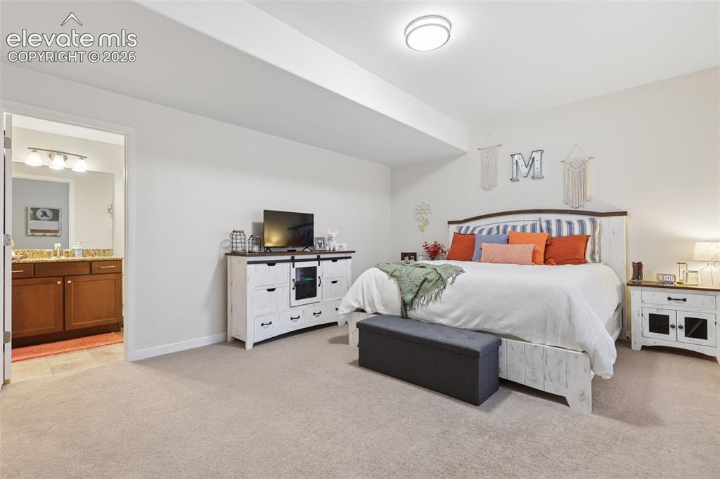 Image 38 of 50: Plush carpet flooring, a built-in ceiling light, and a separate bathroom wi