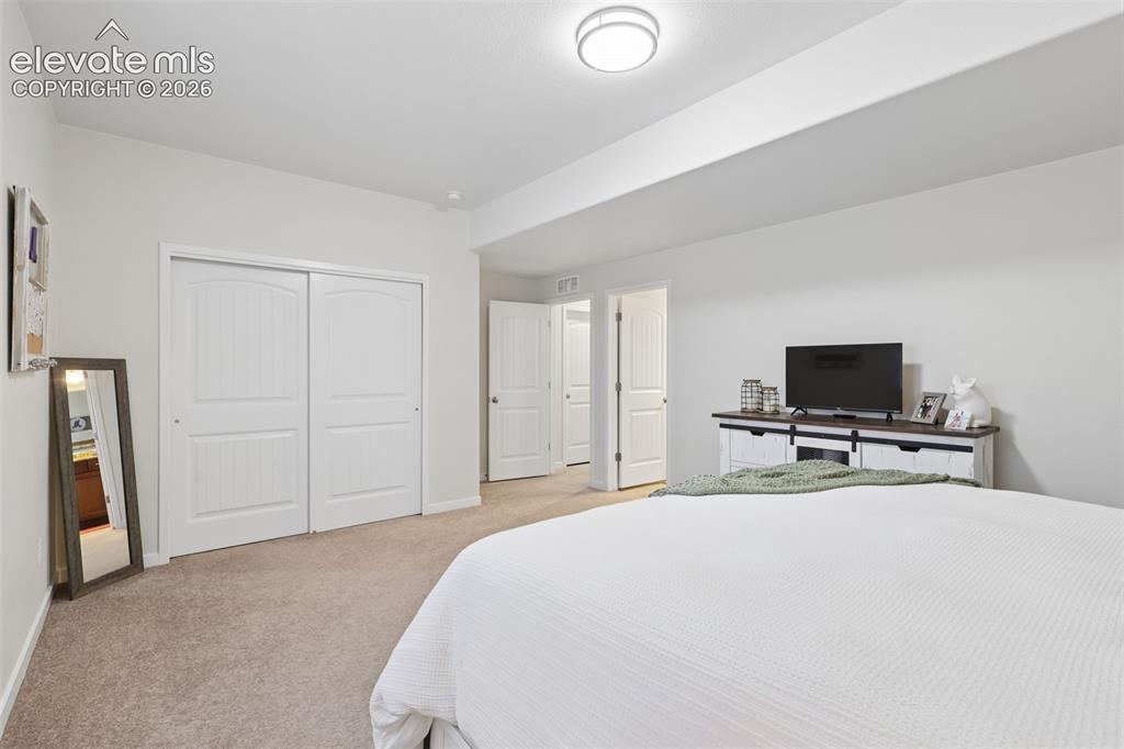 Image 40 of 50: Wall-to-wall carpeting with light-toned walls, white trim, and a flush-moun