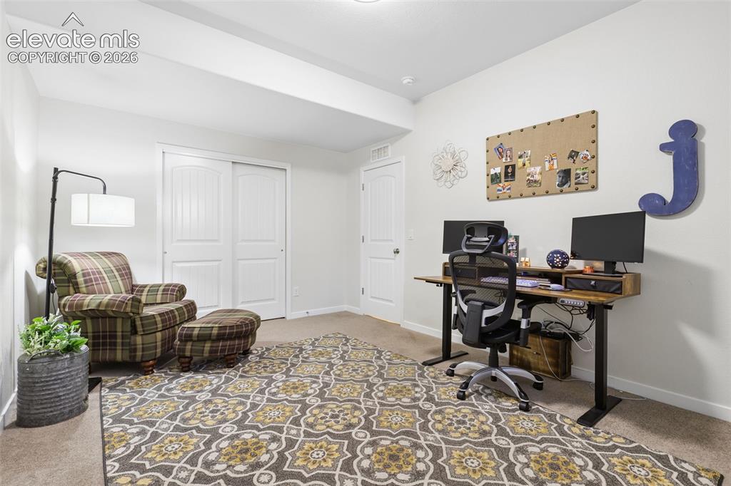 Image 43 of 50: Carpet flooring with light-colored walls, white painted trim, and a white i