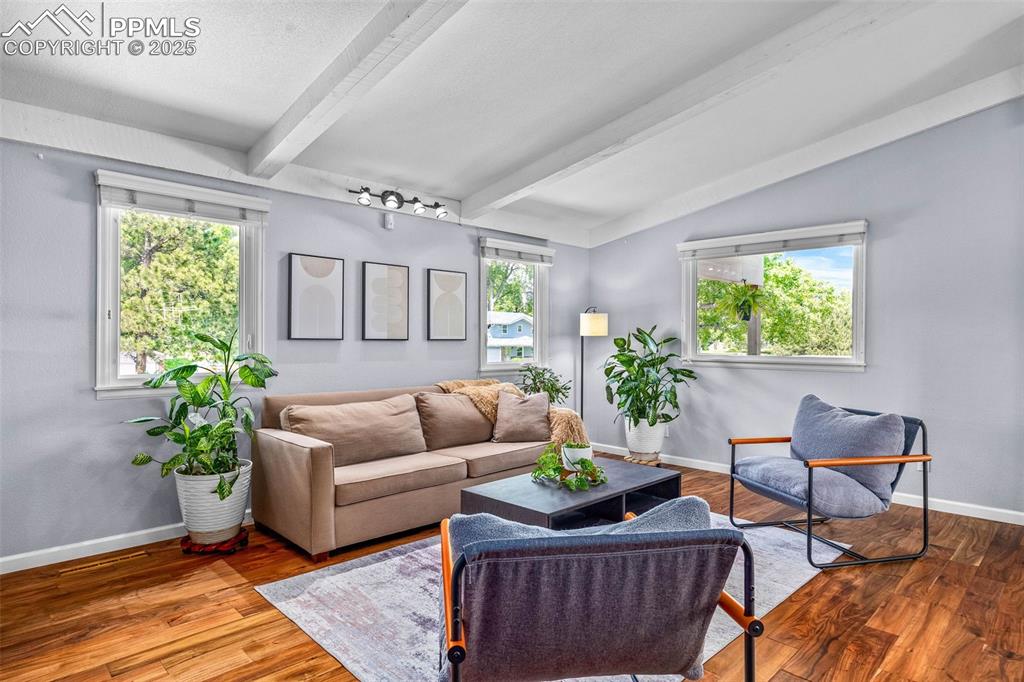 Image 11 of 47: Living room featuring wood finished floors and baseboards