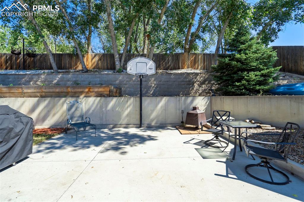 Image 44 of 50: Fenced backyard featuring a patio and a grill