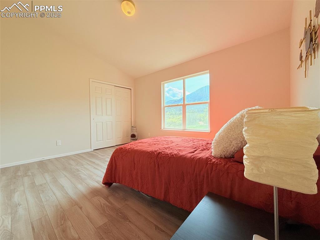 Image 27 of 44: Bedroom with wood finished floors, lofted ceiling, and a closet