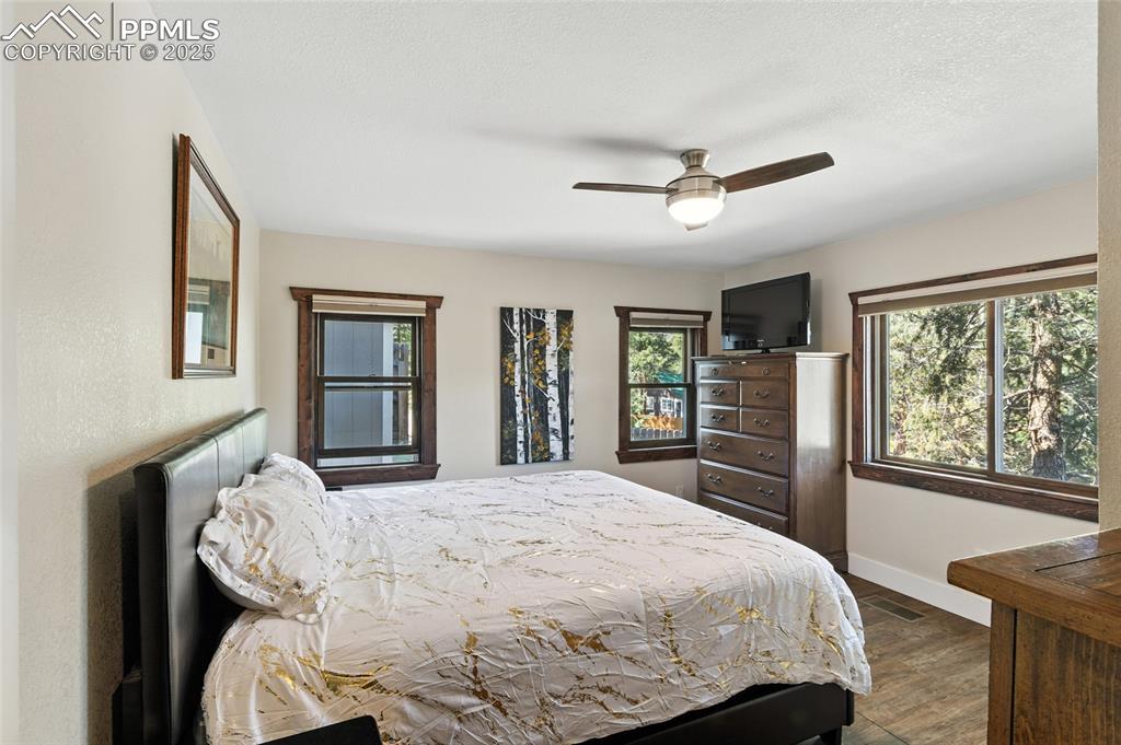 Image 29 of 43: Bedroom with dark wood finished floors, multiple windows, and a ceiling fan