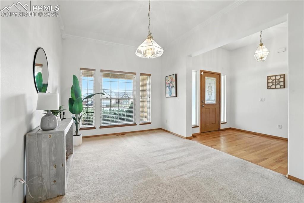 Image 5 of 50: Carpeted entryway with crown molding and wood finished floors