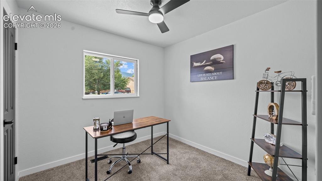 Image 16 of 31: Recessed lighting, ceiling fan with integrated light, grey wall paint, and 