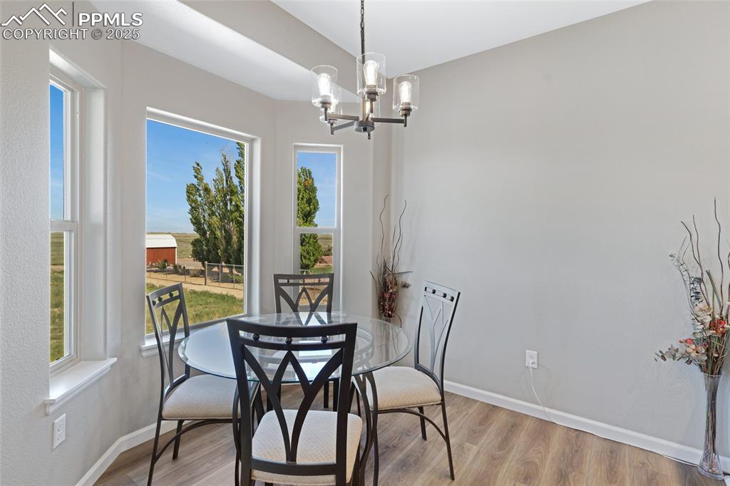 Image 11 of 41: Dining room with wood finished floors and a chandelier
