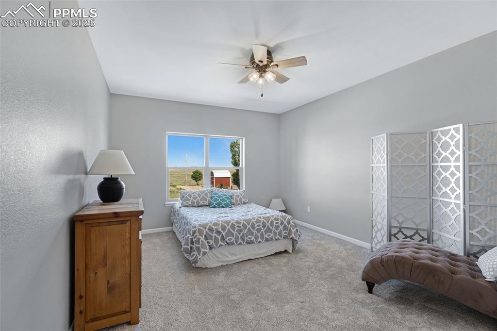 Image 14 of 41: Carpeted bedroom featuring a ceiling fan and baseboards