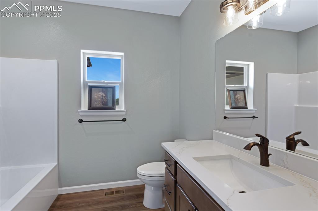 Image 19 of 41: Full bathroom with dark wood-style flooring and vanity