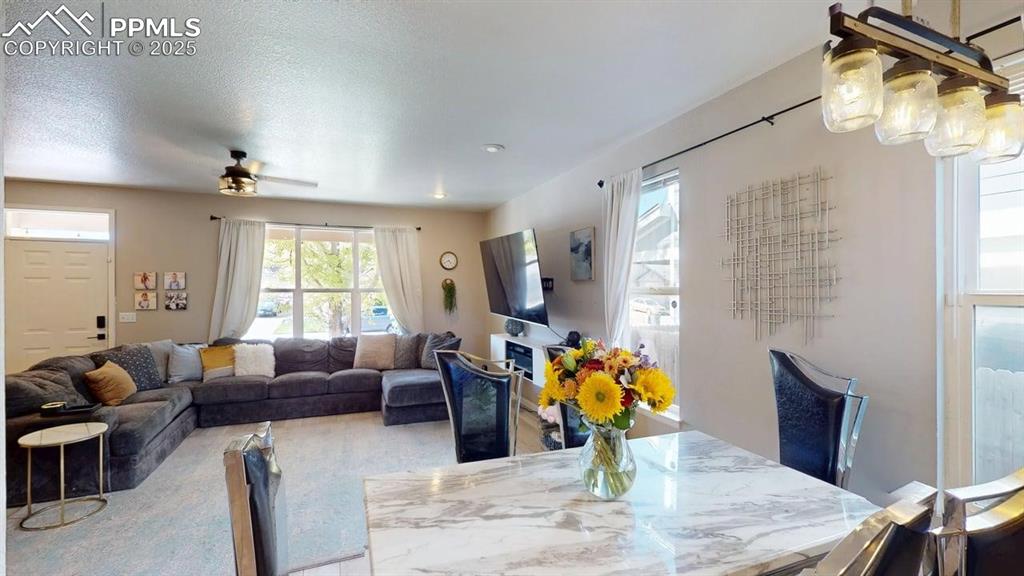 Image 7 of 14: Dining room featuring plenty of natural light, a ceiling fan, and a texture