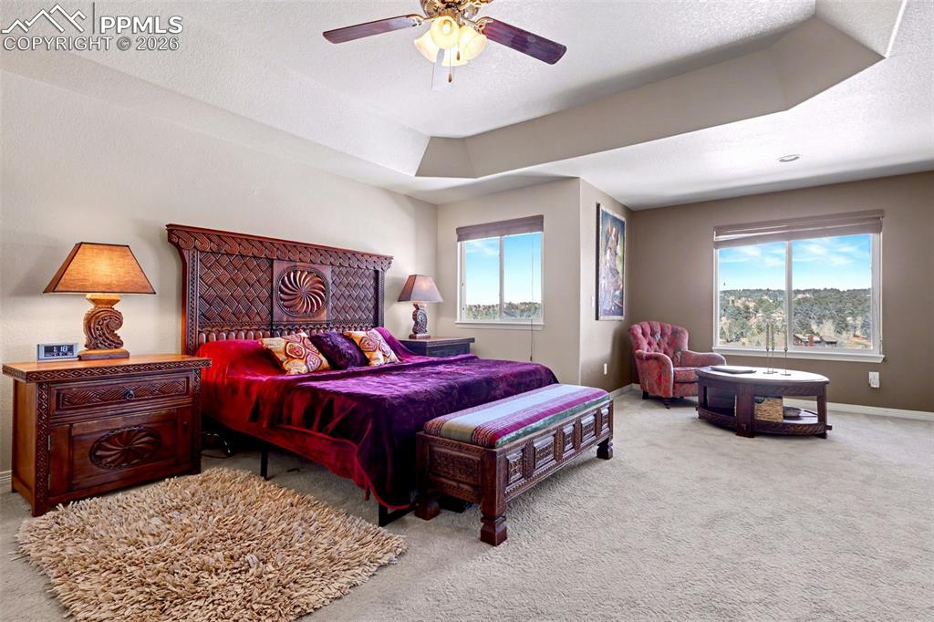 Image 21 of 43: Beautiful tray ceiling accents in the primary bedroom