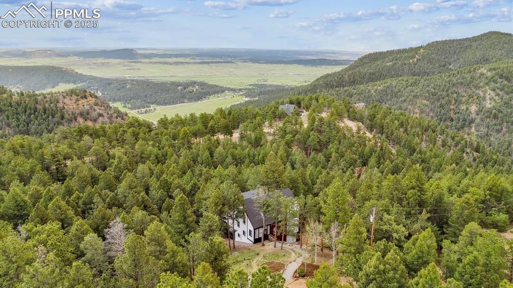 Image 39 of 44: View from above of property with a heavily wooded area and a mountainous ba