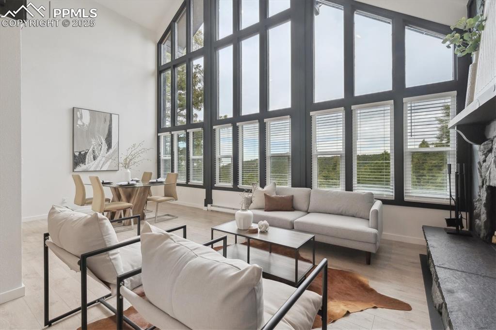 Image 6 of 44: Living area with a high ceiling, baseboards, and plenty of natural light
