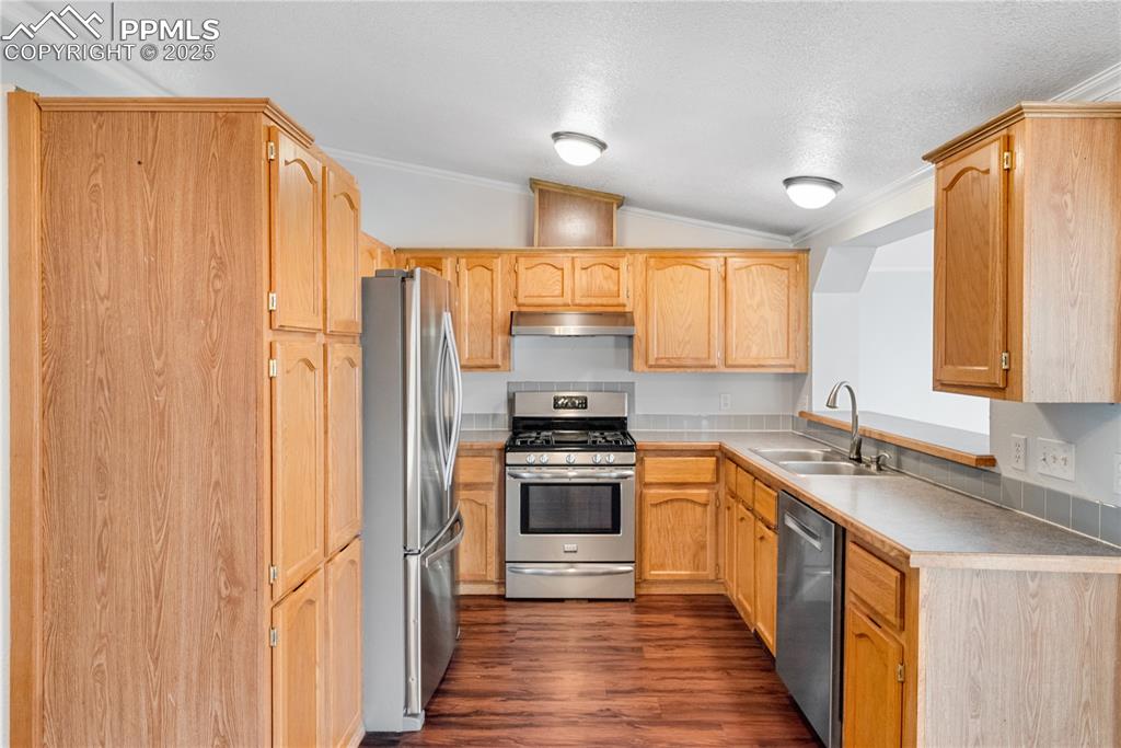 Image 21 of 46: Kitchen featuring crown molding, vaulted ceiling, stainless steel appliance