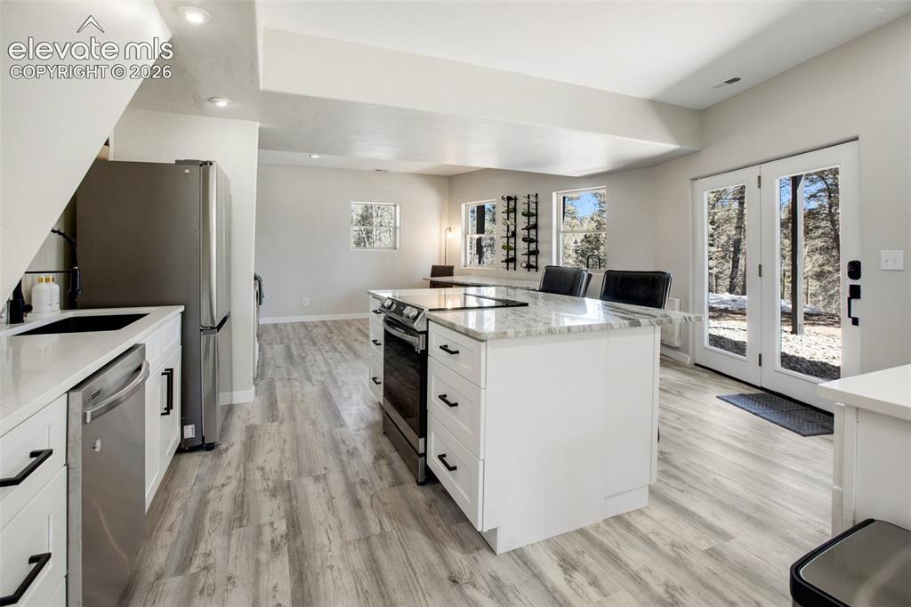Image 12 of 46: Lower level kitchen with walk-out