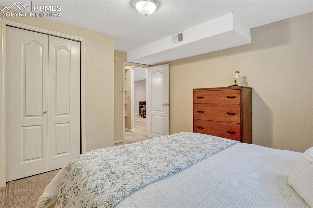 Image 21 of 38: Bedroom featuring light colored carpet, a textured wall, a closet, and a te